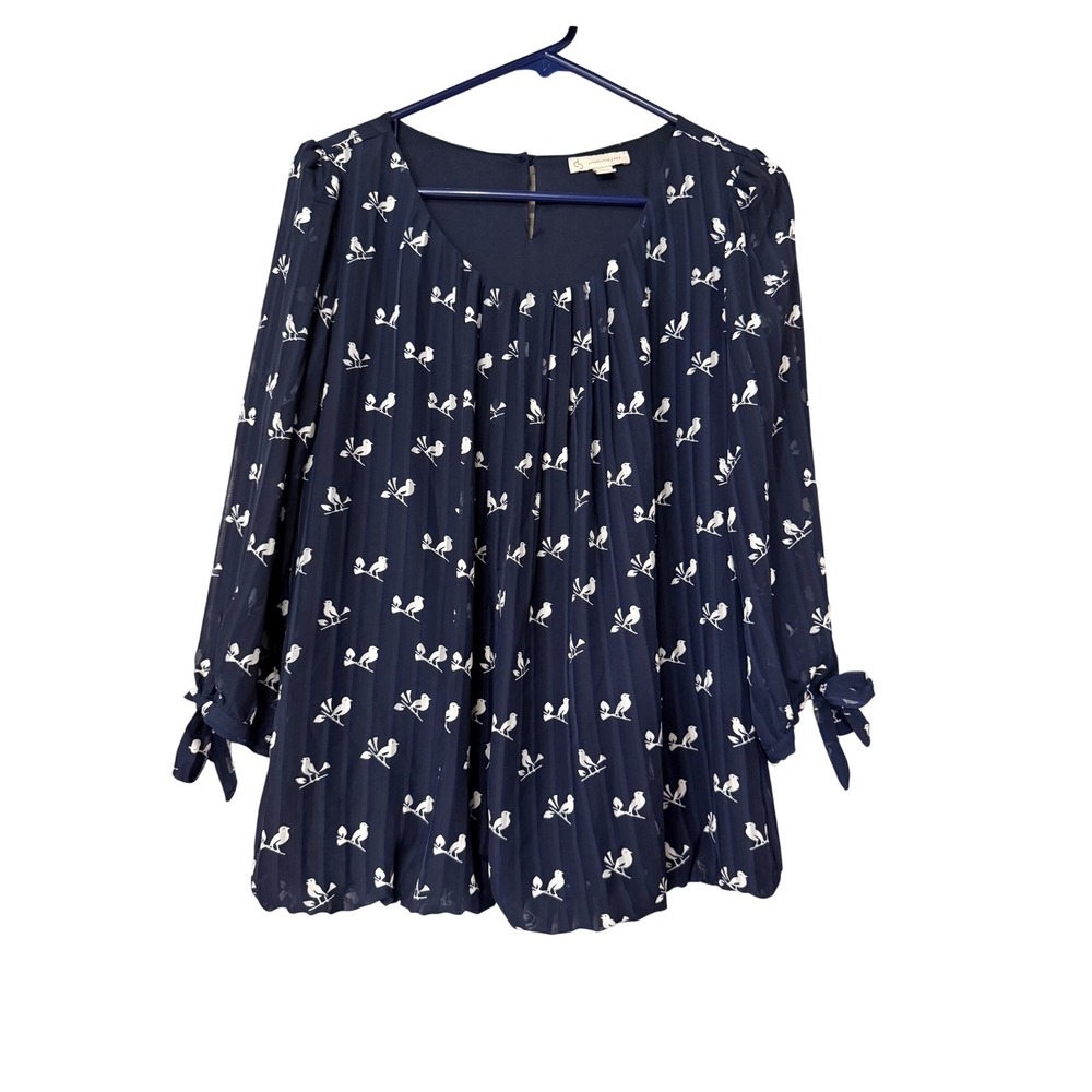 Db established 1962 Bird Print Blouse Cottagecore Boho  Navy‎ White Womens M